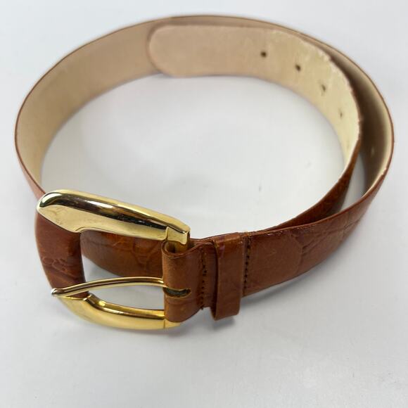 Genuine Leather Brass Buckle Wide Belt Croc Detail Size 30